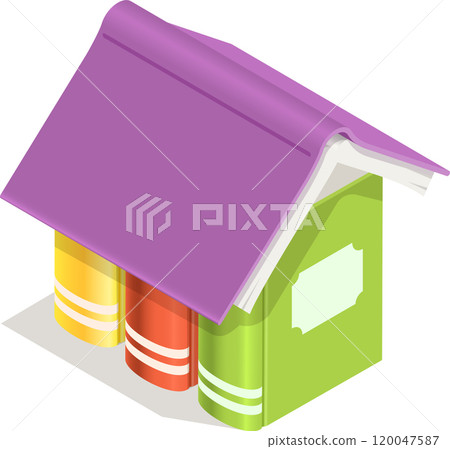 Open book acts as a roof, sheltering three colorful books underneath, creating a cozy and inviting image of knowledge and learning in this isometric vector illustration Open book acts as a roof, sheltering three colorful books underneath, creating a cozy and inviting image of knowledge and learning in this isometric vector illustration 120047587