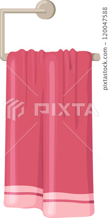 Soft pink towel draped over a metal towel rail, adding a touch of comfort and style to a bathroom setting, perfect for drying off after a shower or bath Soft pink towel draped over a metal towel rail, adding a touch of comfort and style to a bathroom setting, perfect for drying off after a shower or bath 120047588