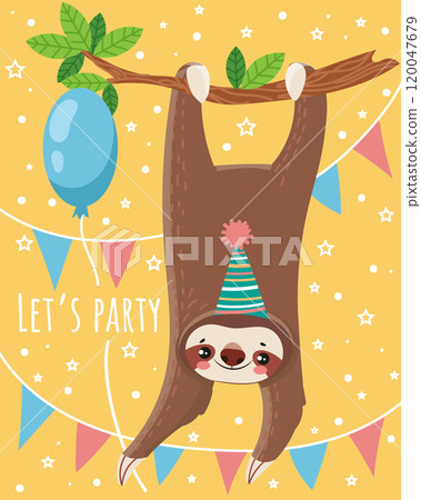 Adorable sloth hanging upside down from a tree branch, wearing a colorful party hat, with a blue balloon and festive bunting, creating a cheerful birthday celebration atmosphere Adorable sloth hanging upside down from a tree branch, wearing a colorful party hat, with a blue balloon and festive bunting, creating a cheerful birthday celebration atmosphere 120047679