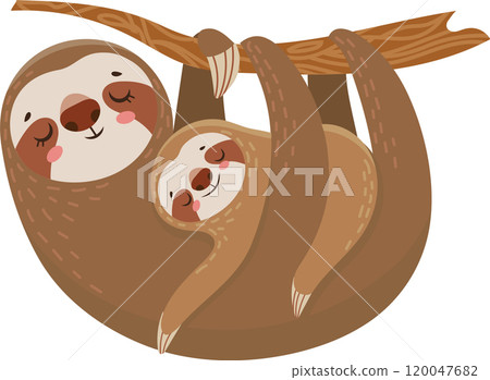 Cartoon mother sloth is hanging upside down from a tree branch with her baby sloth clinging to her, both with serene expressions Cartoon mother sloth is hanging upside down from a tree branch with her baby sloth clinging to her, both with serene expressions 120047682