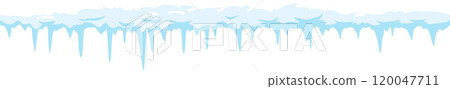 Melting icicles under snow create a stunning. Dangerous winter scene. Hanging from roofs. They glisten in sunlight. Adding magic to the icy landscape. Falling ice adds urgency to serene winter setting 120047711