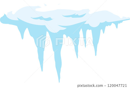 Snowdrift with icicles hanging down. Melting ice cap. Winter decoration. Snow and ice melting. Icy roof. Frozen water. Cold weather. Winter season. Blue and white colors. Isolated on white background 120047721