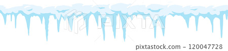 Cartoonish light blue icicles hanging down from a layer of snow, with some of the ice melting, creating a winter wonderland scene 120047728