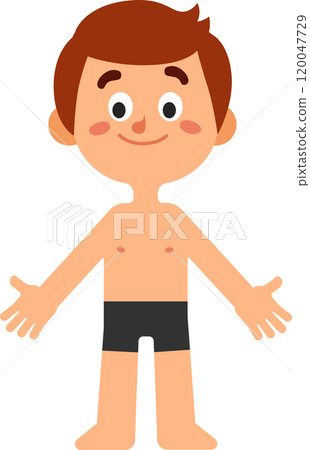 Cartoon illustration of a smiling boy showing his body wearing underwear, ideal for educational or healthcare content related to anatomy, hygiene, or puberty 120047729