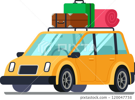 Yellow passenger car is carrying luggage and rolled blanket on its roof rack, preparing for an exciting road trip adventure 120047738