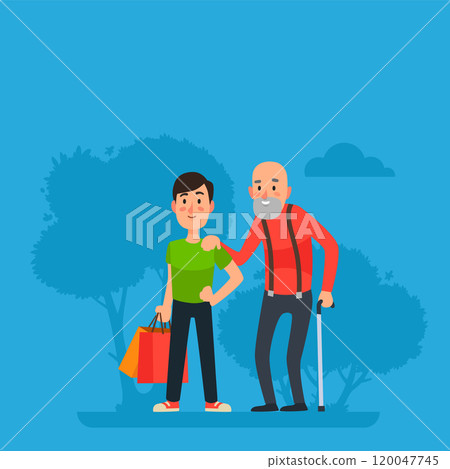 Young man assisting a senior citizen with shopping and mobility, showcasing community support and intergenerational bonding in a vibrant outdoor setting Young man assisting a senior citizen with shopping and mobility, showcasing community support and intergenerational bonding in a vibrant outdoor setting 120047745