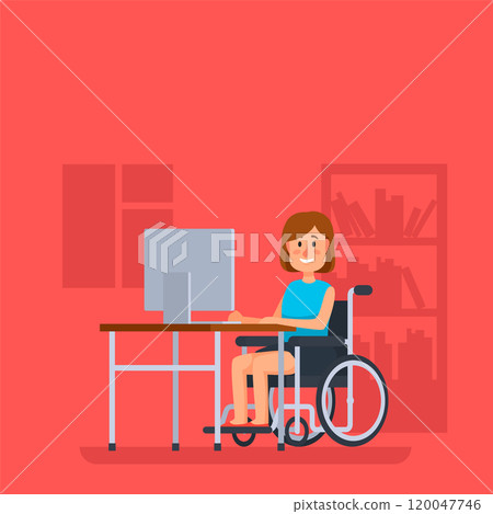Happy disabled woman using computer at home, promoting accessibility and inclusion in the workplace with a positive and empowering representation of disability 120047746