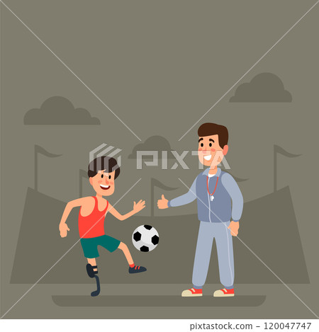 Young, enthusiastic soccer player with a prosthetic leg practices his skills with a supportive coach, showcasing determination and inclusivity in sports Young, enthusiastic soccer player with a prosthetic leg practices his skills with a supportive coach, showcasing determination and inclusivity in sports 120047747
