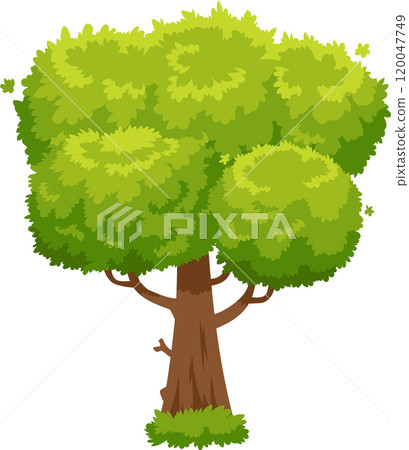 Cartoon tree with brown trunk, green leaves and grass at the base, isolated on white background, representing nature, growth, and environmental concepts Cartoon tree with brown trunk, green leaves and grass at the base, isolated on white background, representing nature, growth, and environmental concepts 120047749