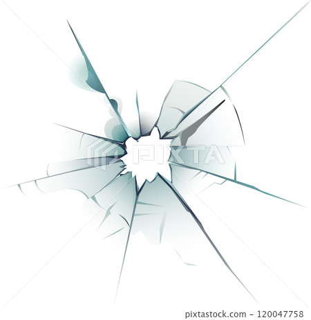 Broken glass pane with sharp edges creating a dangerous hole, representing concepts such as vandalism, fragility, and destruction 120047758