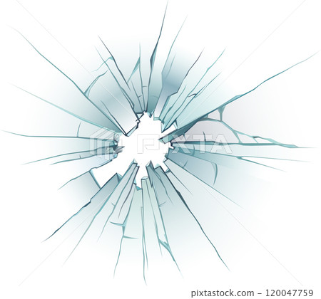 Shattered glass with cracks radiating outwards from a central hole, creating a textured and abstract pattern on a white background, conveying concepts of damage, fragility, and destruction 120047759
