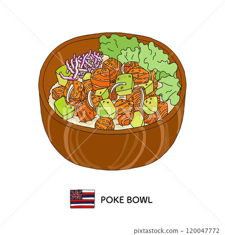 Hawaiian cuisine _ Poke bowl hand-drawn - Stock Illustration