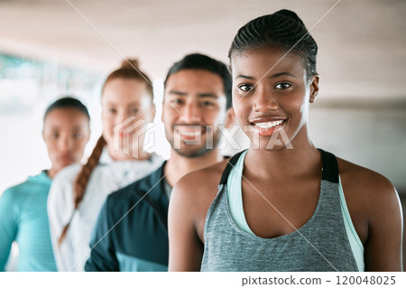 Fitness, happy and portrait of people in gym for training, exercise and athlete workout. Personal trainer, friends and men and women for wellness, health and cardio for teamwork, sports and support 120048025