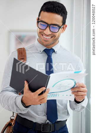 Businessman, finance and reading paperwork in office, investment report and trader for growth plan. Male person, professional accountant and documents for economy update, budget proposal and ideas 120048027
