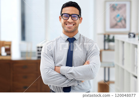 Man, accountant portrait and arms crossed in office, confident professional and trading stocks. Male person, employee leadership and financial advisor pride, broker and workplace for company audit 120048077