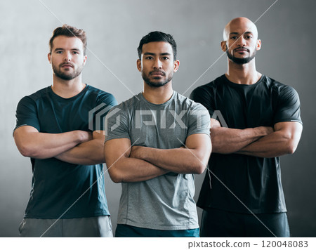Fitness, portrait and men with arms crossed in studio for exercise, support or bodybuilding together. Serious, athlete and people with confidence on gray background for workout, teamwork and training 120048083