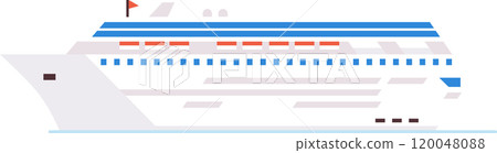 Large cruise ship sailing on calm water, featuring a prominent red flag at the top, evoking a sense of luxury travel and maritime adventure 120048088