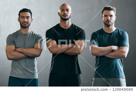 Crossed arms, fitness and portrait of men in studio for confidence with workout or training group. Serious, friends and team of male athletes with pride for muscle exercise by gray background. 120048089