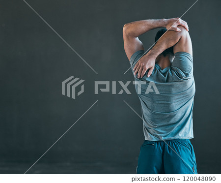 Stretching, fitness and back of man for exercise, training and warm up for athlete workout on gray background. Health, sports and person with mockup space for wellness, performance and flexibility Stretching, fitness and back of man for exercise, training and warm up for athlete workout on gray background. Health, sports and person with mockup space for wellness, performance and flexibility 120048090