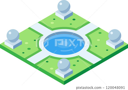 Four decorative spheres stand on white plinths at the corners of an isometric city park featuring a circular pond and cross shaped pathways, showcasing a tranquil urban oasis Four decorative spheres stand on white plinths at the corners of an isometric city park featuring a circular pond and cross shaped pathways, showcasing a tranquil urban oasis 120048091