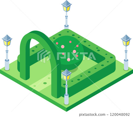 Green isometric city park with a decorative arch, a round hedge, four lampposts and a round flowering tree, representing urban landscape design and public recreation areas Green isometric city park with a decorative arch, a round hedge, four lampposts and a round flowering tree, representing urban landscape design and public recreation areas 120048092