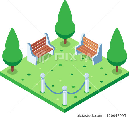 Vibrant isometric city park with benches and trees, perfect for relaxation and leisure activities. Enjoy the peaceful atmosphere and modern design 120048095