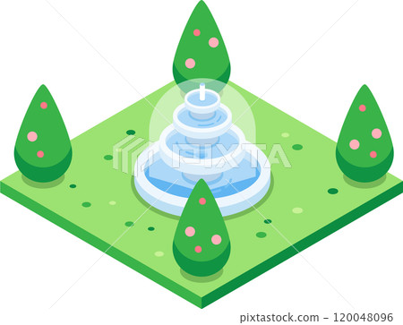 Serene park fountain with cascading water, surrounded by green trees and pink flowers, perfect for urban planning concepts 120048096