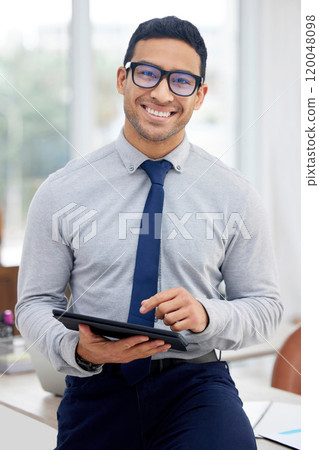 Business man, happy and tablet in office for networking, research and client communication with email. Corporate consultant, portrait and tech for finance, asset management and investment portfolio 120048098