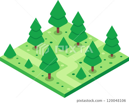 Lush green meadow with growing pine trees forming a serene forest landscape in isometric projection, ideal for environmental or nature related projects 120048106