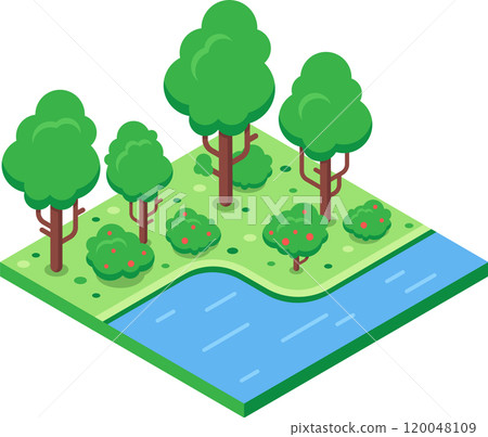 Isometric view of a vibrant green forest with various trees and bushes bordering a calm blue river, creating a peaceful and natural scene 120048109