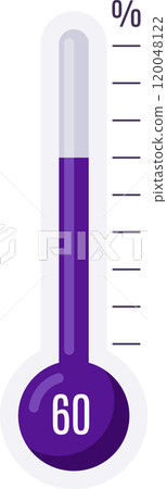 Purple thermometer showing sixty percent, measuring temperature, weather icon, suitable for various applications related to temperature, measurement, and weather information Purple thermometer showing sixty percent, measuring temperature, weather icon, suitable for various applications related to temperature, measurement, and weather information 120048122