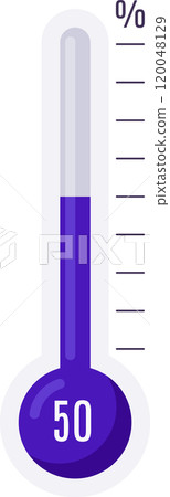 Purple thermometer indicating fifty percent, symbolizing measurement, temperature, performance, or progress in a simple yet effective visual representation 120048129