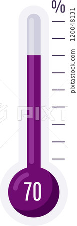 Vibrant purple thermometer displaying 70 percent, symbolizing progress and success in various fields like business, education, and health 120048131
