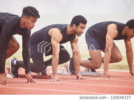 Men, race and running start in stadium for marathon, challenge and training for sport and fitness. Competition, outdoor and workout of group with cardio in arena with runner, exercise and sprint line 120048137