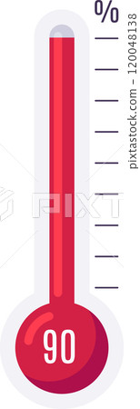Red thermometer reaching ninety percent, indicating high temperature or performance level, with a scale from zero to one hundred percent, on a white background 120048138