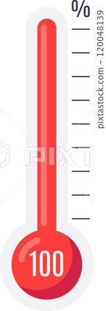 Thermometer reaching one hundred percent of its capacity, indicating maximum measurement, employing a red and white color scheme for visual representation 120048139