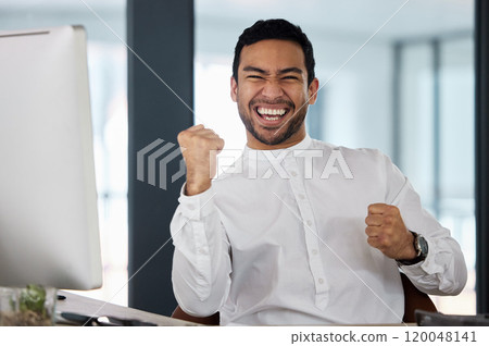 Fist pump, winner and portrait of businessman on computer for online bonus, stock market and promotion. Corporate worker, office and happy person celebrate for investment, profit and opportunity 120048141