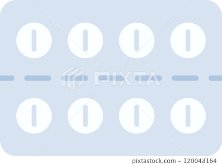Light blue blister pack containing eight round white pills with a score line, arranged in two rows of four, representing pharmaceutical medication and healthcare 120048164