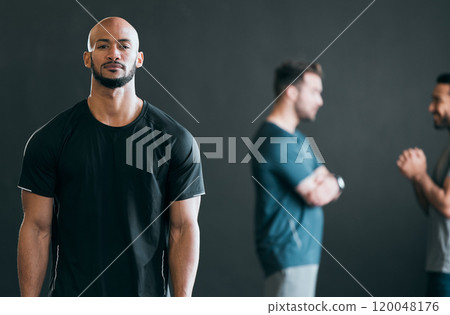 Fitness, serious and man with portrait in studio for exercise, workout and bodybuilding support. Confident, personal trainer and people with pride on black background for training, coaching or health 120048176