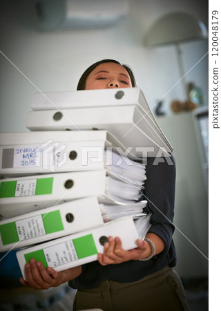 Portrait, carry and tired businesswoman with paperwork in administration career crisis for workload. Folder, binder or overwhelmed administrator with stack or pile of documents for deadline workplace Portrait, carry and tired businesswoman with paperwork in administration career crisis for workload. Folder, binder or overwhelmed administrator with stack or pile of documents for deadline workplace 120048179