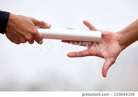 Running, fitness and hands with baton for relay on track for training, marathon exercise and workout. Sports, athlete and people for performance, endurance and challenge for competition closeup 120048186