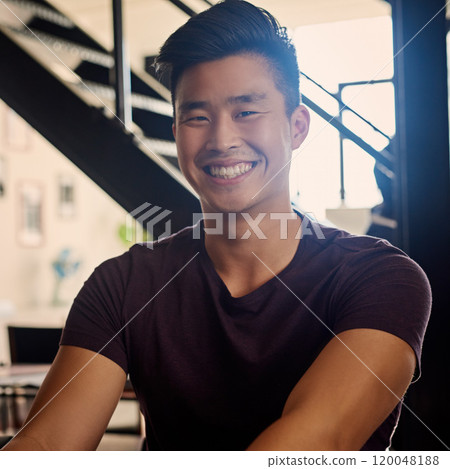 Happy asian man, portrait and designer with creative mindset, ambition or career startup at office. Face of young male person or employee with smile for internship or job opportunity at workplace 120048188