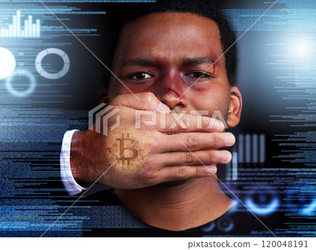 Man, face and silence by hand with cryptocurrency overlay with conspiracy and cyber attack. Crime, mouth cover up and violence with whistle blower on corporate corruption, big brother and money scam 120048191