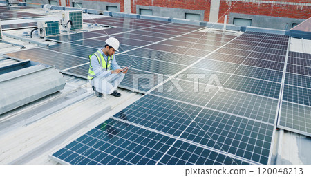 Inspection, man and tablet for solar panels, energy saving and electricity or heating of eco friendly grid on rooftop. Engineering, digital technology and photovoltaic technician for installation 120048213