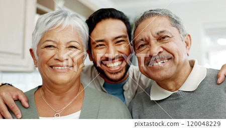 Portrait, hug and adult son with parents, home and smile with love, care and happiness. Face, senior mother and mature father with embrace, funny and laughing with family, bonding together and break 120048229