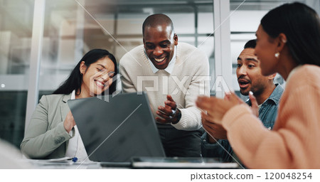 Business people, applause and video call in office for celebration, discussion and creative agency. Startup, achievement and partnership success in workplace for teamwork, proposal and diversity Business people, applause and video call in office for celebration, discussion and creative agency. Startup, achievement and partnership success in workplace for teamwork, proposal and diversity 120048254