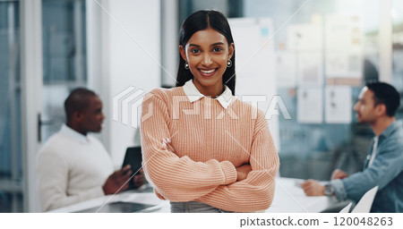 Office, businesswoman and portrait with arms crossed for meeting, leadership and positive attitude. Boardroom, colleagues and happy manager with confidence for creative agency, startup and workplace Office, businesswoman and portrait with arms crossed for meeting, leadership and positive attitude. Boardroom, colleagues and happy manager with confidence for creative agency, startup and workplace 120048263