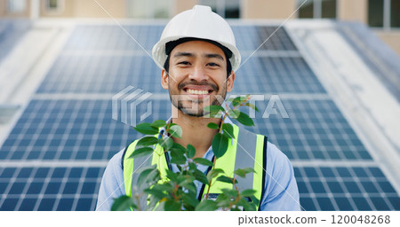 Asian man, portrait and plant with solar panel for eco friendly, environment and sustainable future in city. Engineer, innovation and infrastructure with smile or renewable energy in Malaysia 120048268