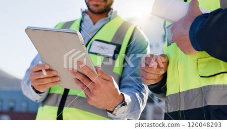 Business people, hands and tablet with blueprint for construction, planning or building maintenance in city. Closeup, employees or civil engineer with technology for architectural layout on rooftop 120048293