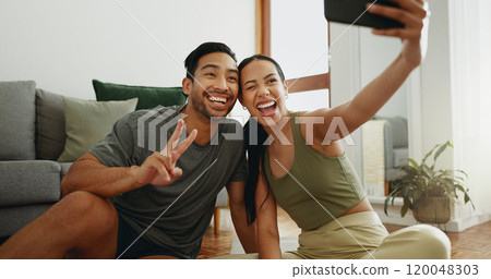 Happy couple, fitness and selfie with peace sign for workout, exercise or indoor training together at home. Young woman and man with emoji or smile for photography, memory or picture moment at house Happy couple, fitness and selfie with peace sign for workout, exercise or indoor training together at home. Young woman and man with emoji or smile for photography, memory or picture moment at house 120048303